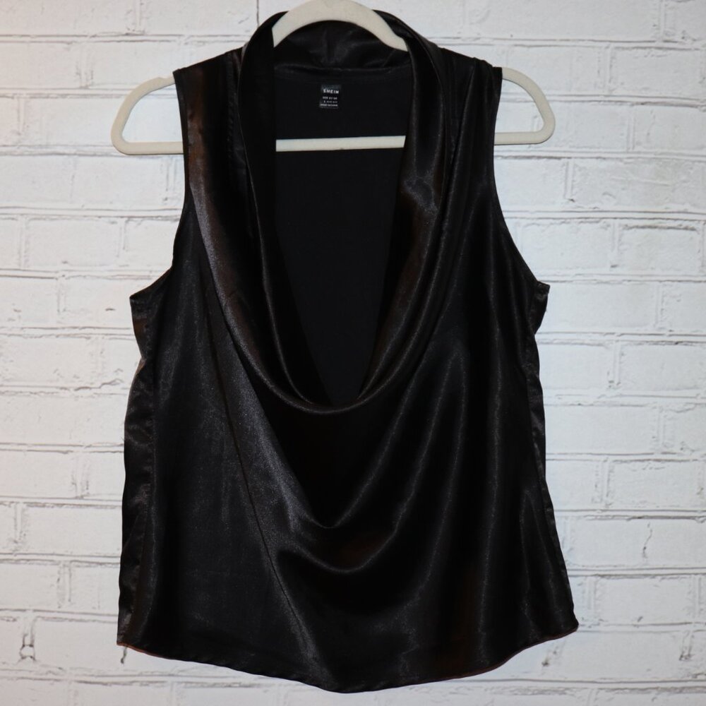 🖤✨ SHEIN Black Satin Blouse · Deep Front Plunge · Size Large